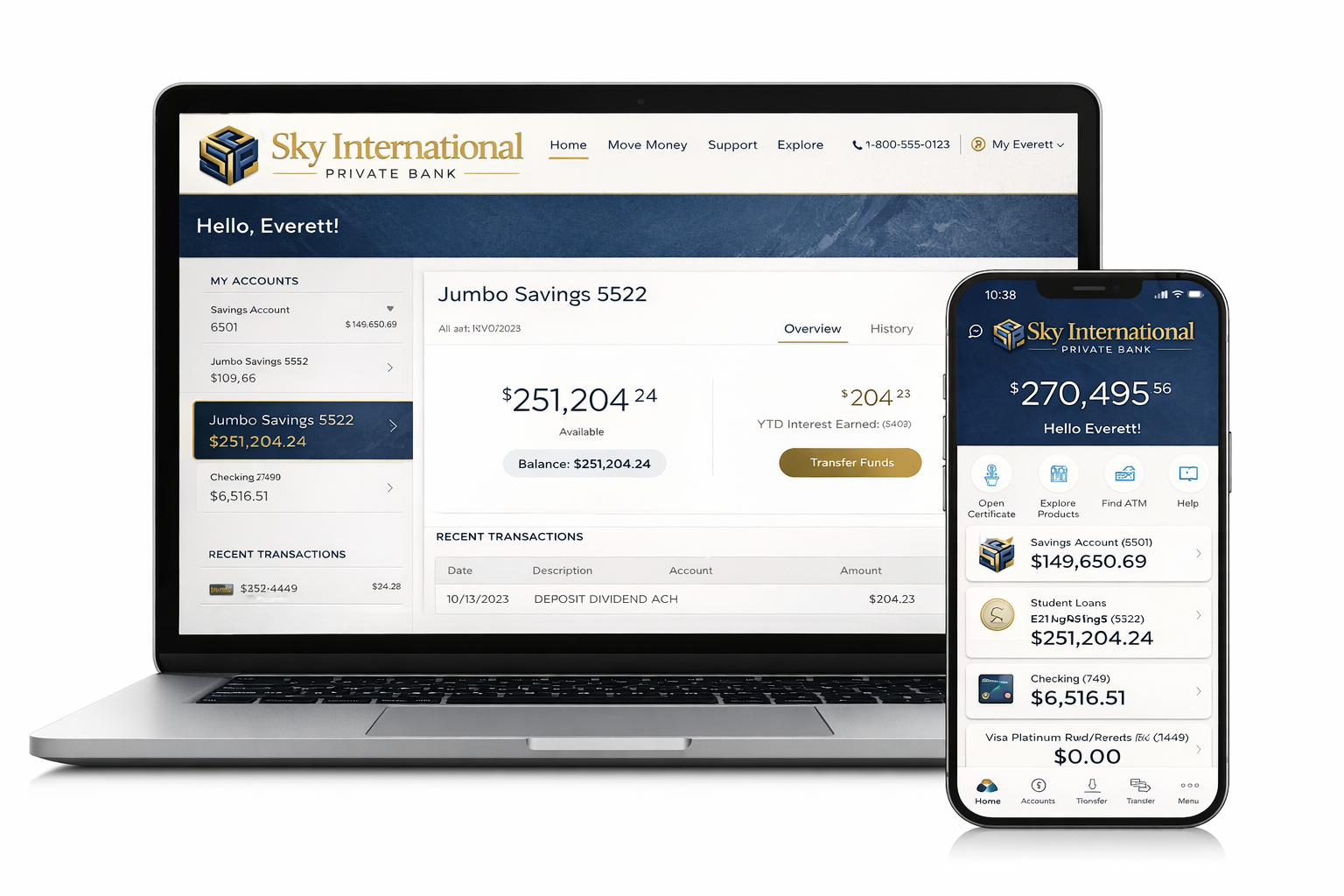 Sky International Private Bank mobile app on iPhone and iPad: balances, transfers, and savings insights.